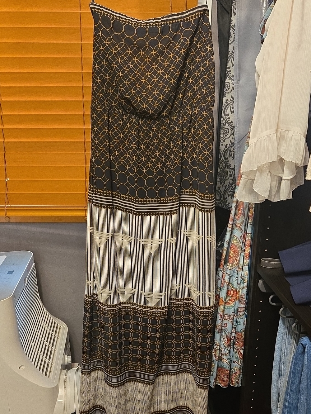 le chateau Black and Beige Geometric Maxi Dress